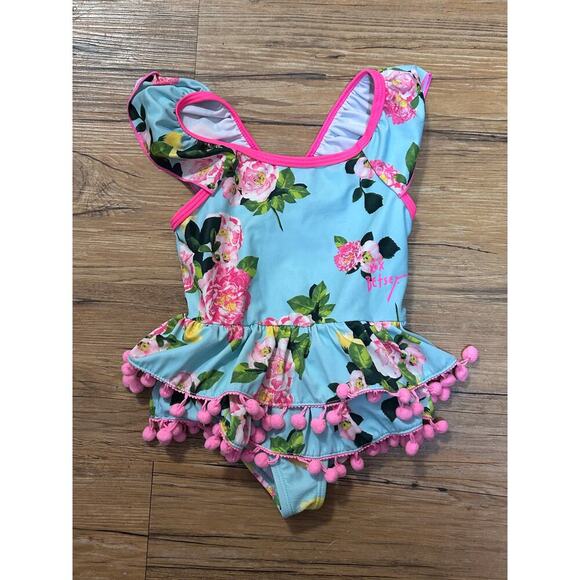 Betsey Johnson Girls Aqua Blue Hot Pink Yellow Floral Swimsuit-2T - Picture 3 of 4
